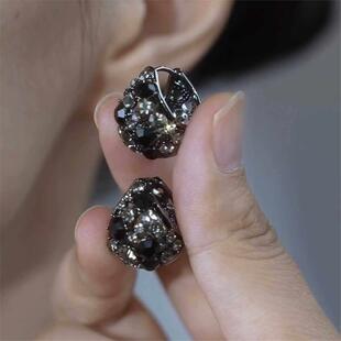 9999纯银新款 百搭高级感洋气耳 耳环气质超闪黑色水晶水滴耳扣时尚