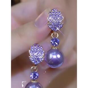 银耳环9999纯银女正品轻奢紫色满钻树叶珍珠耳环女2025新款小众设