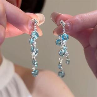 银耳环9999纯银正品女海蓝宝水晶流苏耳环女高级感耳饰2026新款潮