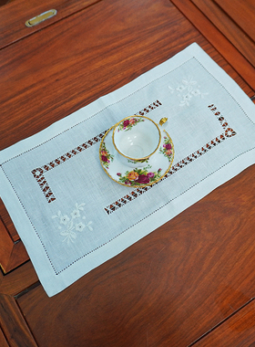 国华 5320 纯亚麻（25*46cm/2p）原白色手工雕平绣抽丝餐垫