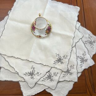 米灰色手工潮绣锁绣餐垫 JX024 27cm方 罩件 纯亚麻