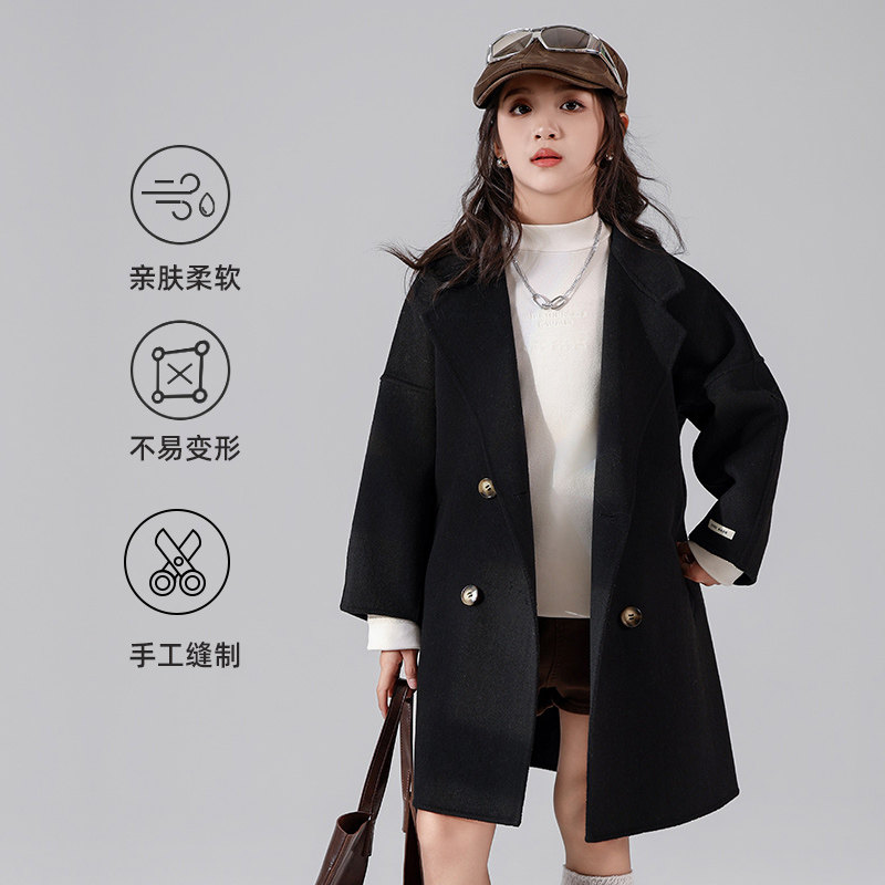 儿童双面羊毛大衣女童毛呢外套女孩羊毛呢子大衣中大童双面呢大衣