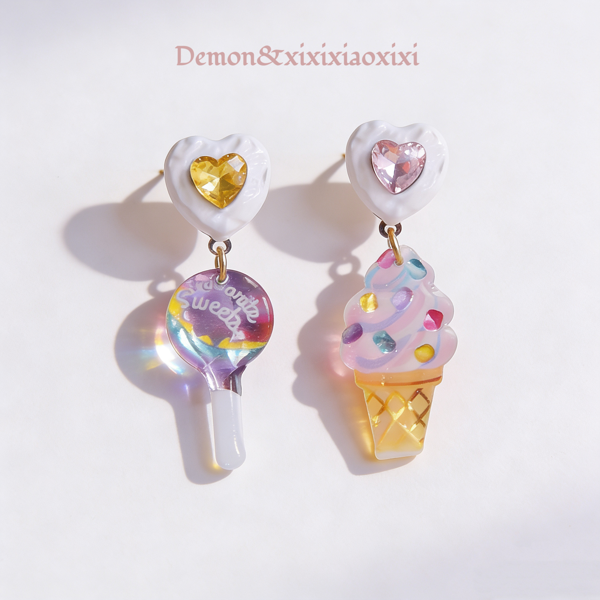 DEMON 彩虹甜筒耳饰渐变镭射棒棒糖不对称耳钉小众设计耳夹耳环