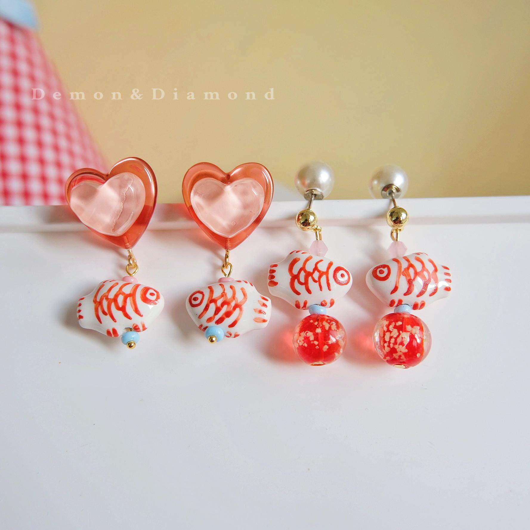 年年有鱼1.0原创设计可爱ins童趣系列陶瓷锦鲤动物耳夹坠耳饰耳环