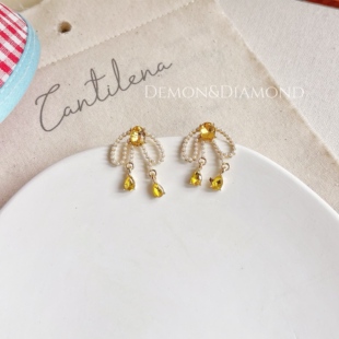 韩风ins少女黄宝石蝴蝶结珍珠流苏耳环小众设计耳夹百搭高级耳饰