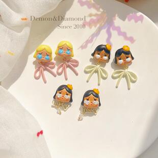 ins少女趣味哭娃改娃萌粒可爱潮玩蝴蝶结luck吊坠耳夹925银耳环