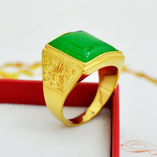 越南沙金戒指男仿真黄金不掉色复古霸气镶嵌黑色绿色宝石男生首饰