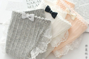 满6条 包邮 日系竖纹棉甜美公主蕾丝边蝴蝶结低腰女内裤 三角裤