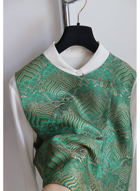 江水云纹  中式国风复古绿色斜襟真丝马甲 上衣坎肩 女