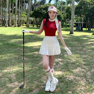 BQgolf 红色无袖 冰感防晒显瘦防走光弹力速干百褶高尔夫网球套装