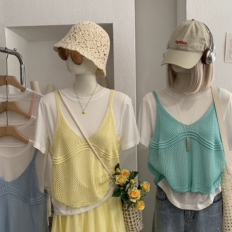 圆领短袖白T恤+亮片镂空针织吊带背心叠穿两件套春夏女上衣套装