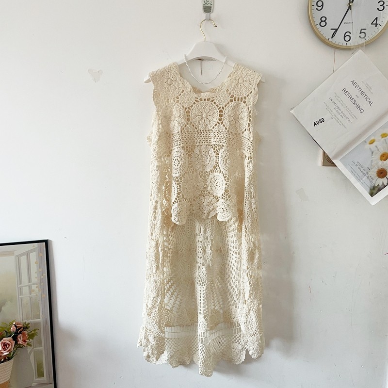 不规则镂空钩花针织连衣裙女夏季叠穿无袖马甲背心裙度假罩衫裙子