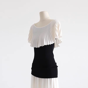 法式一字领露肩荷叶边褶皱针织衫女夏季修身显瘦无袖小衫气质上衣