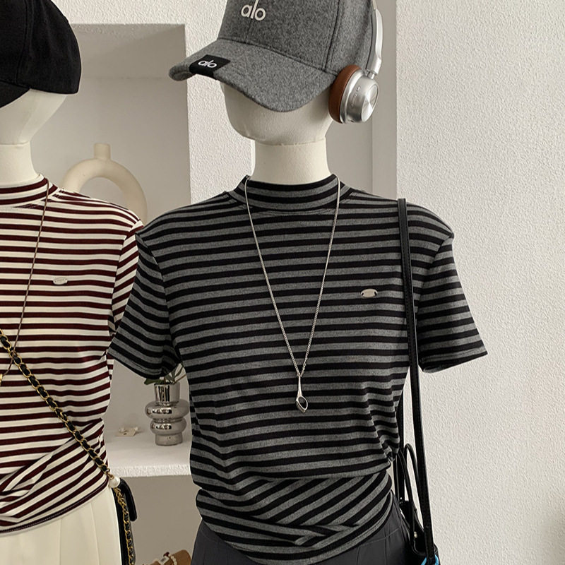 半高领撞色条纹短袖T恤女春夏新款外穿内搭韩版上衣修身显瘦小衫,女装/女士精品,T恤,淘宝优惠券,粉丝福利购,淘宝优惠卷