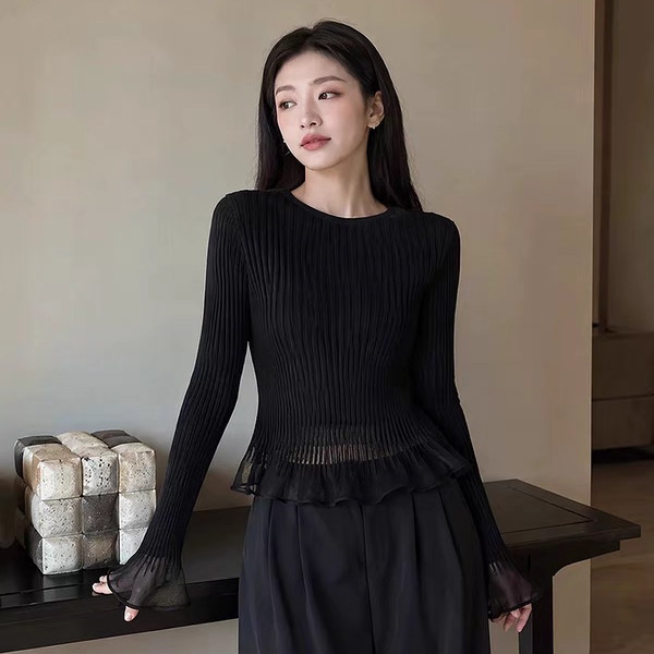 蕾丝拼接喇叭袖针织衫女秋季新长袖洋气薄上衣百搭小衫时尚打底衫