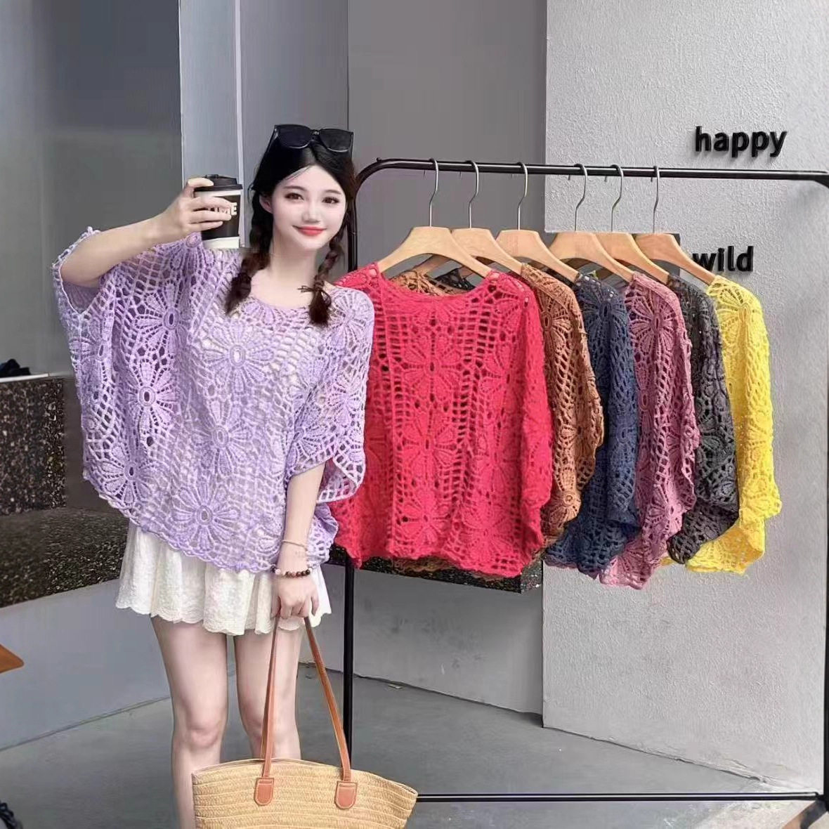夏季钩花镂空圆领防晒针织罩衫女外穿多巴胺彩色上衣