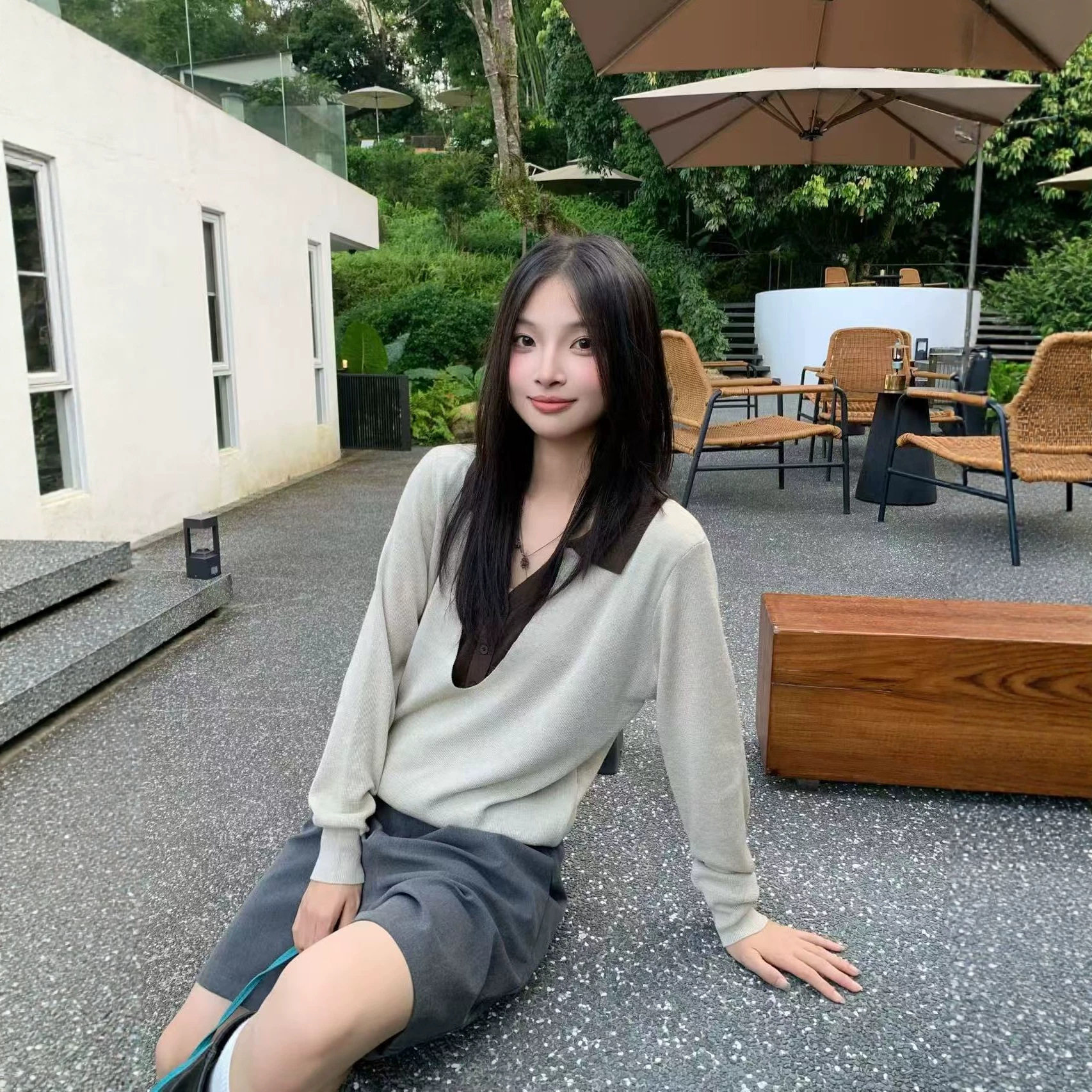 法式假两件翻领针织衫女秋季拼色上衣宽松显瘦套头毛衣长袖T恤薄