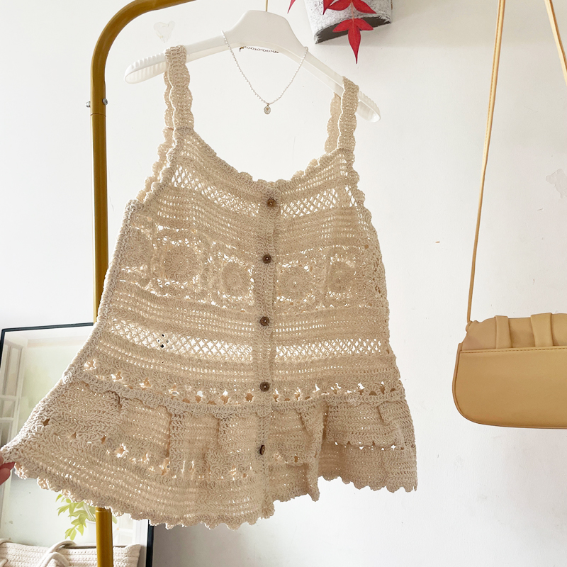 钩花镂空荷叶边单排扣针织吊带马甲女春夏无袖坎肩背心百搭上衣潮