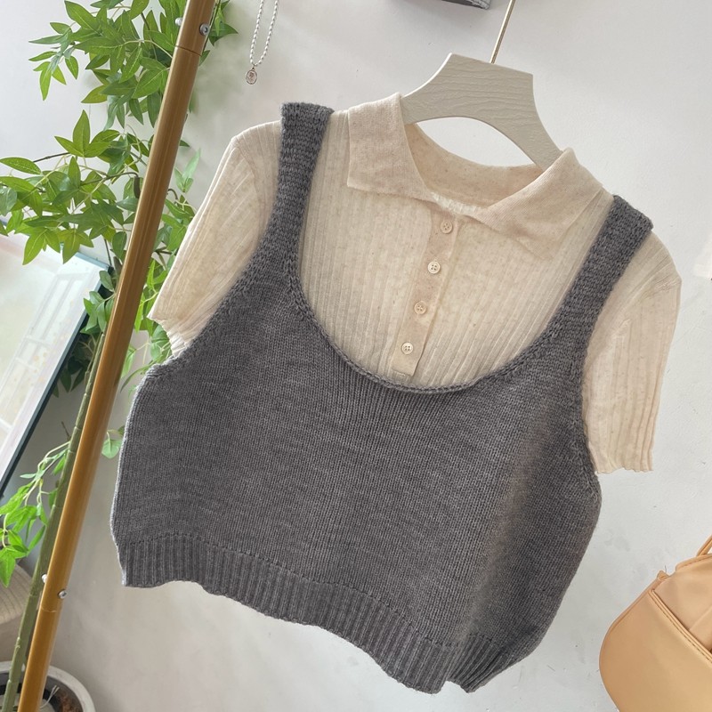 韩版针织衫女春秋叠穿吊带背心无袖上衣宽松短款毛衣坎肩百搭马甲