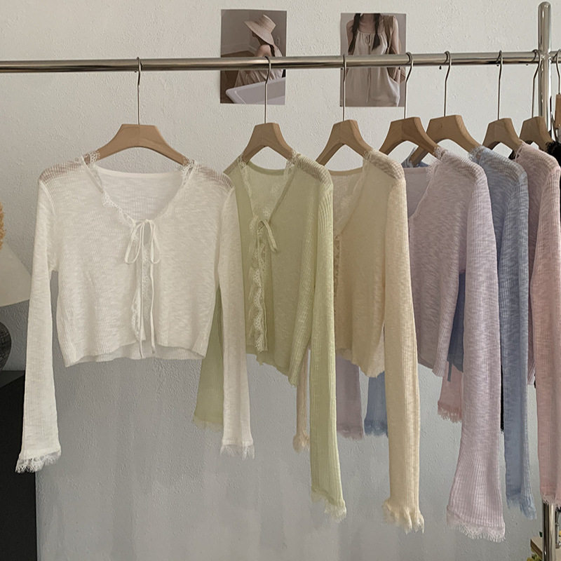 蕾丝花边系带配吊带裙披肩短款长袖针织衫薄外套春夏外搭开衫上衣