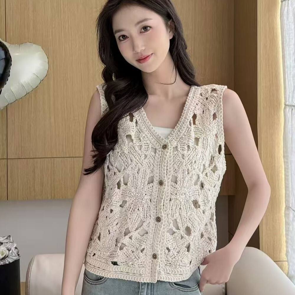 法式设计感镂空钩花钉珠针织马甲女春夏叠穿无袖坎肩背心百搭上衣
