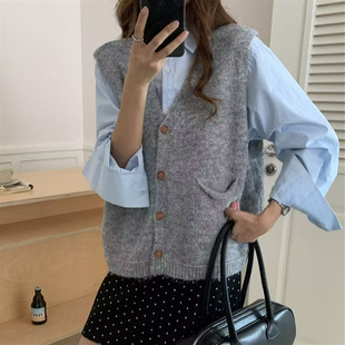 韩系卷边v领针织开衫 宽松百搭叠穿坎肩毛衣背心 马甲女秋冬季 新款