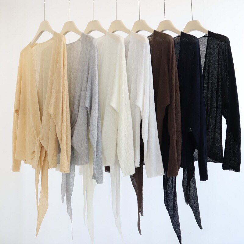 肌理感不规则系带天丝针织开衫女春夏薄外套宽松披肩长袖气质上衣