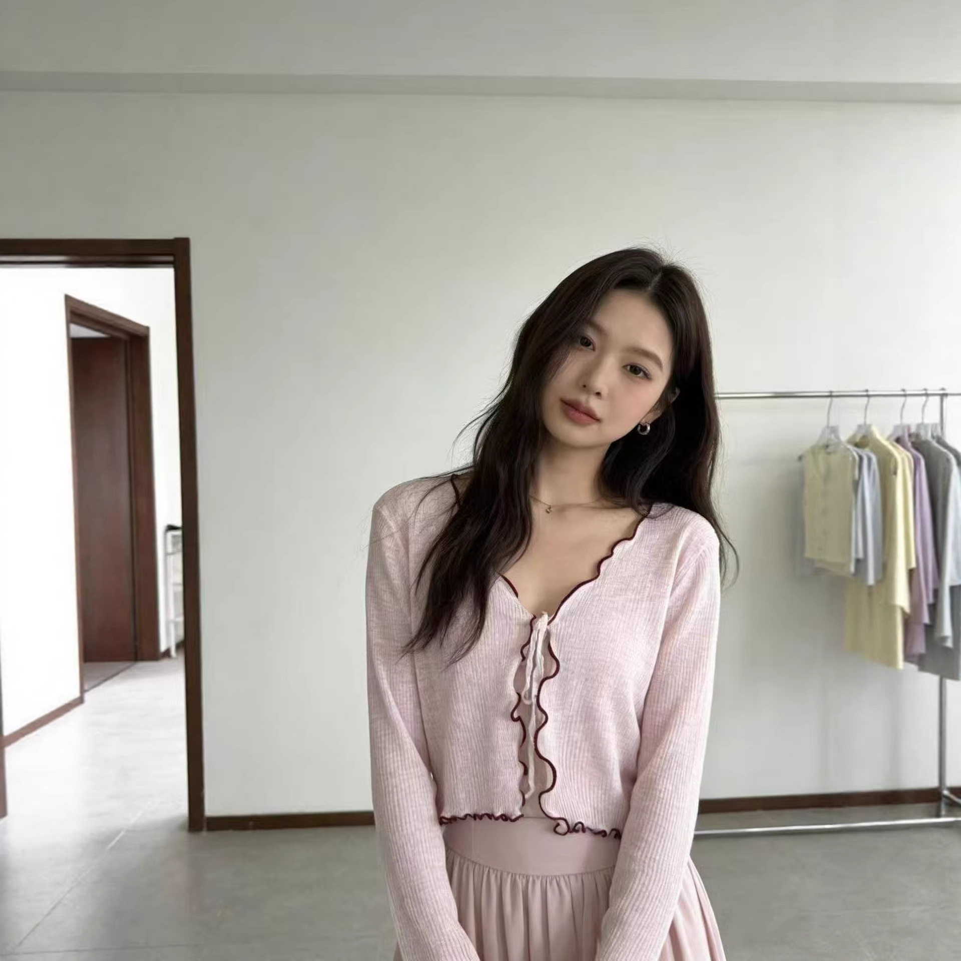 木耳边针织开衫薄外套女春夏短款系带披肩修身长袖度假风罩衫上衣