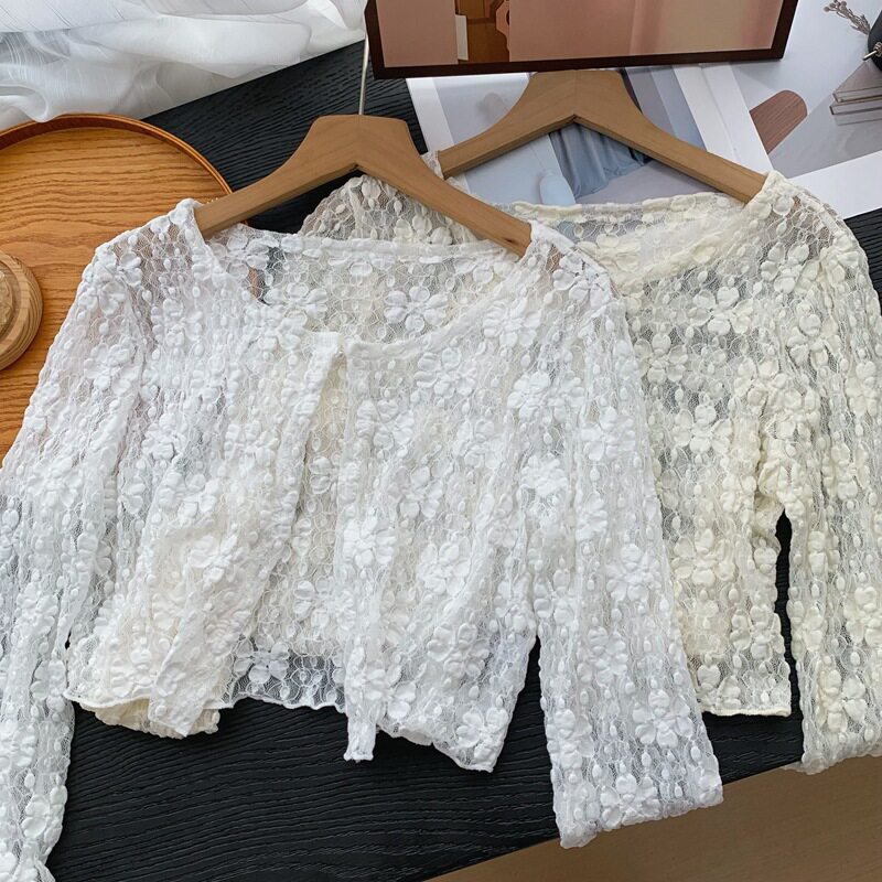 度假风防晒开衫女夏季蕾丝披肩薄款开衫外穿坎肩上衣短款空调罩衫