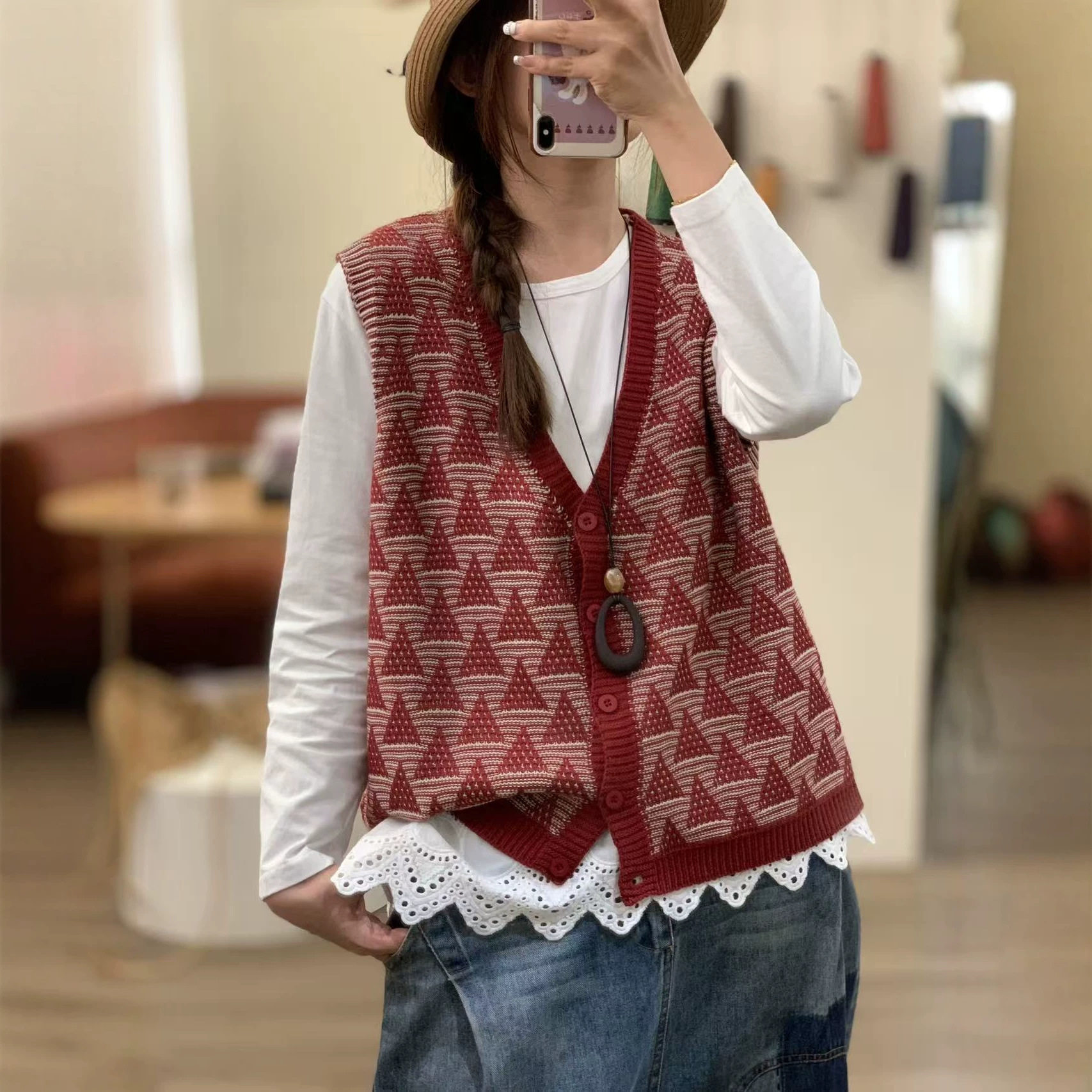 提花单排扣棉线针织背心V领女秋冬叠穿宽松无袖毛衣坎肩百搭马甲