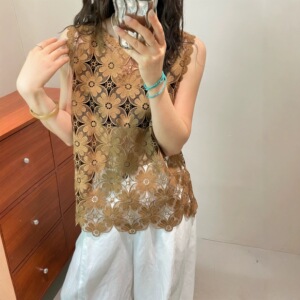 法式镂空花朵蕾丝衫女夏季外穿无袖上衣洋气马甲百搭背心宽松坎肩