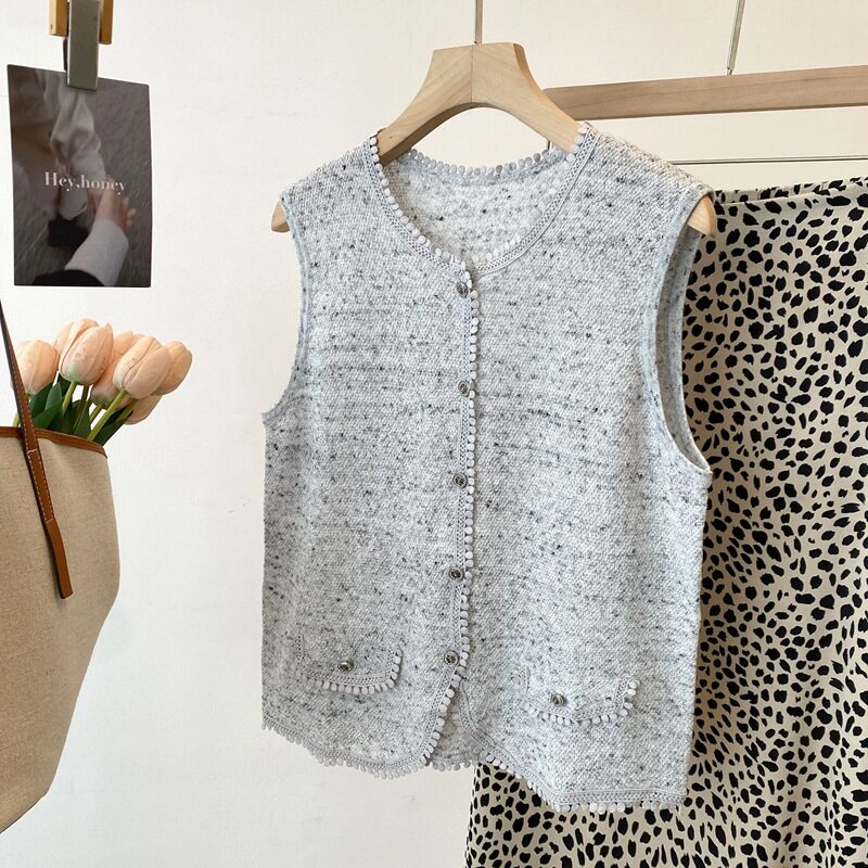 春夏新品小香风勾花针织马甲背心女外穿气质无袖坎肩百搭小衫上衣