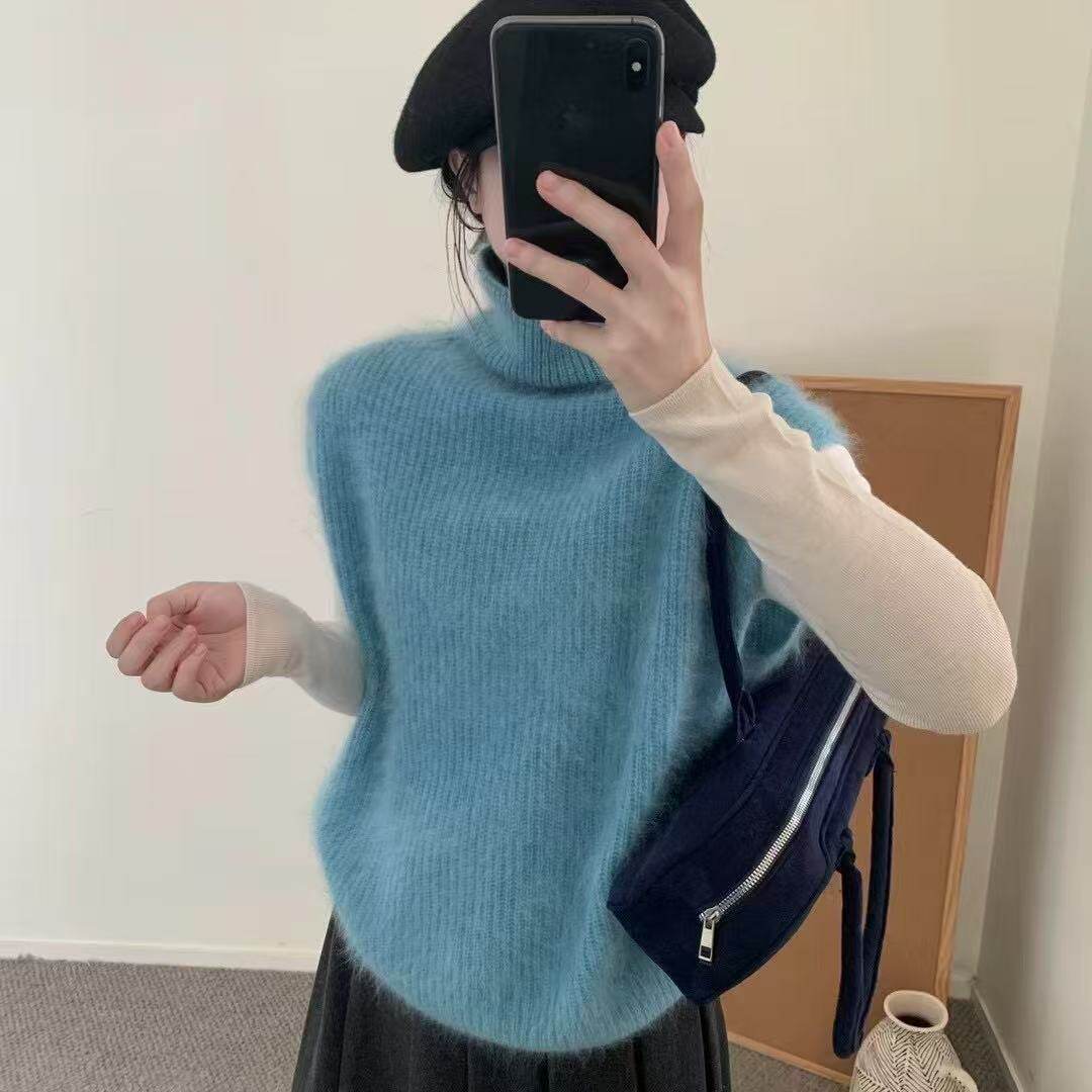高领毛绒绒针织马甲女秋冬宽松叠穿背心无袖上衣百搭毛衣坎肩打底