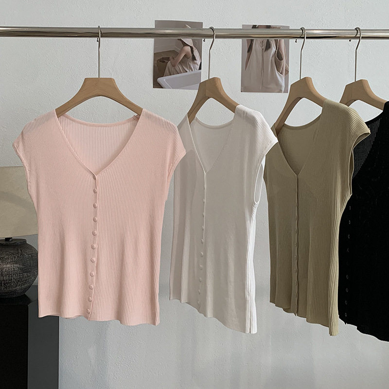 单排扣V领薄款针织衫女夏季外穿坎肩无袖背心百搭马甲显瘦T恤上衣