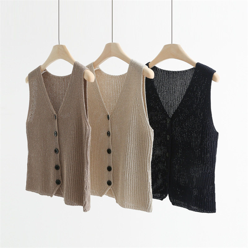 法式V领针织背心马甲女春夏外穿气质无袖上衣百搭坎肩单排扣开衫