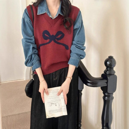 秋冬新款蝴蝶结针织马甲V领坎肩女韩版上衣宽松叠穿无袖毛衣背心