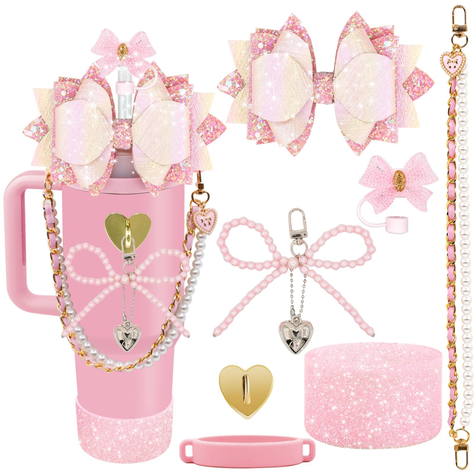 Stanley杯配件跨境闪亮蝴蝶结吸管帽珍珠爱心杯链杯套双层手提绳