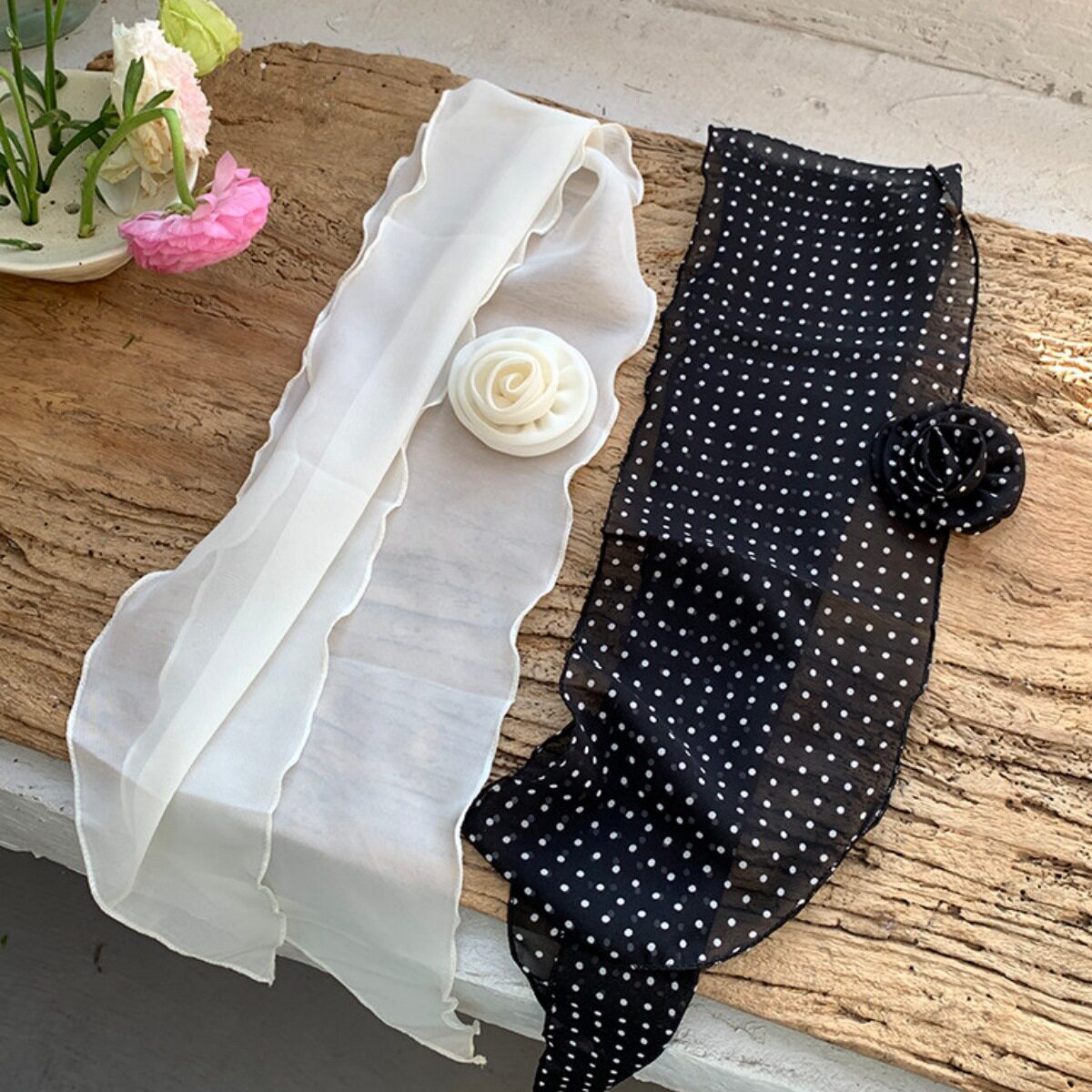 法式复古波点玫瑰花朵薄丝巾花朵可拆卸发夹发卡围巾系脖长条脖带