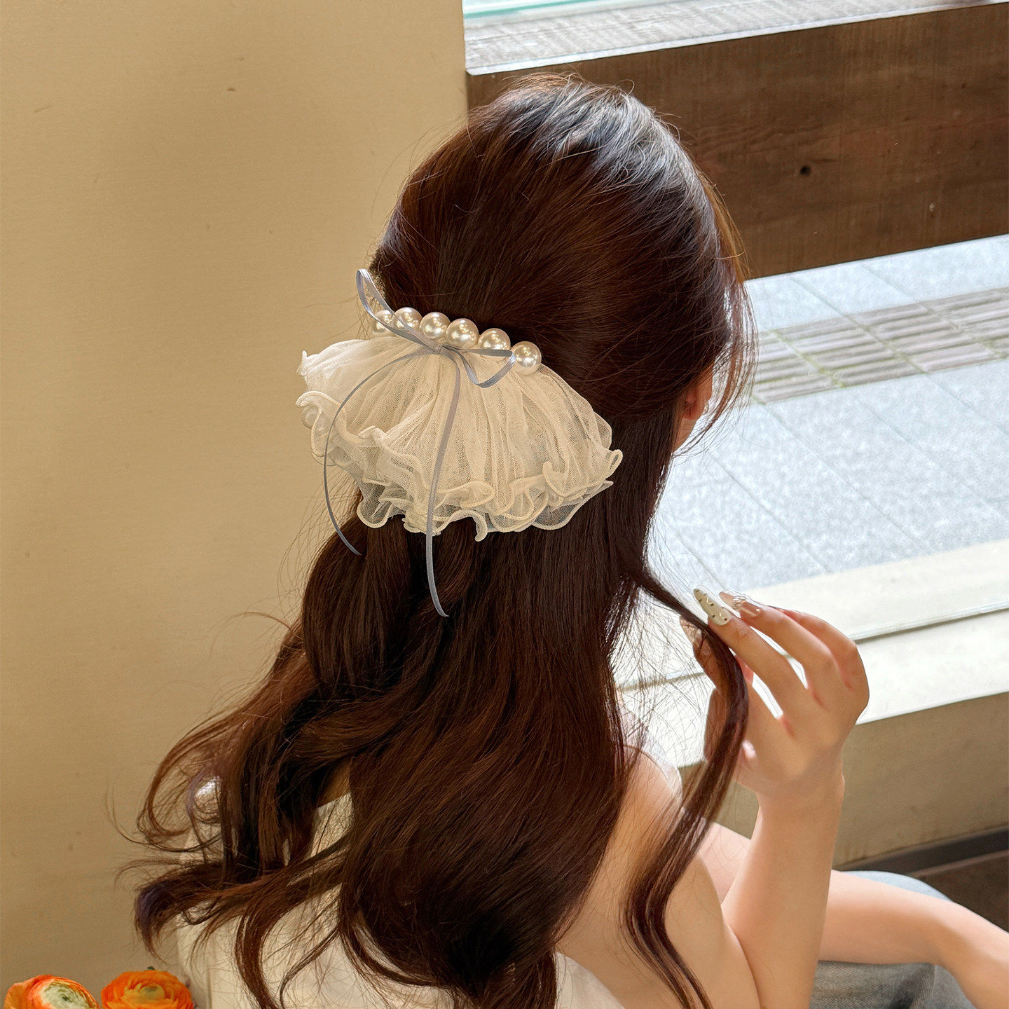 超仙韩系珍珠蕾丝裙摆发夹女马尾夹半扎发头饰温柔发饰后脑勺发卡
