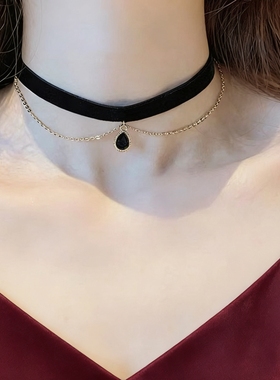 复古黑色丝绒水滴吊坠颈链个性黑美人性感链条锁骨链项链短颈链