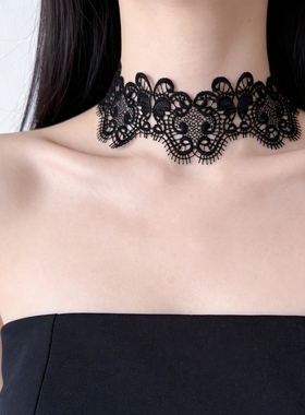 镂空透气宽版复古黑白色遮颈纹脖饰哥特风蕾丝颈链choker女锁骨链