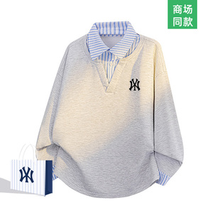 奥特莱斯假两件POLO衫 翻领卫衣男春秋季 新款 拼接条纹休闲情侣装
