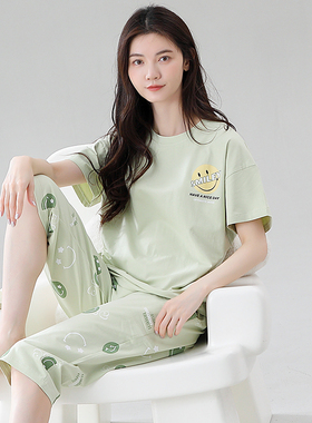 睡衣女夏季纯棉短袖五分裤薄款可出门韩版休闲宽松中裤家居服套装