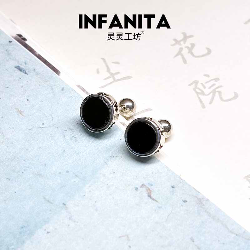 冬季新品六字真言黑玛瑙耳钉女情侣男S925纯银大明咒复古雕刻E28