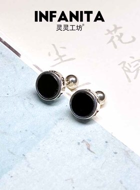 冬季新品六字真言黑玛瑙耳钉女情侣男S925纯银大明咒复古雕刻E28