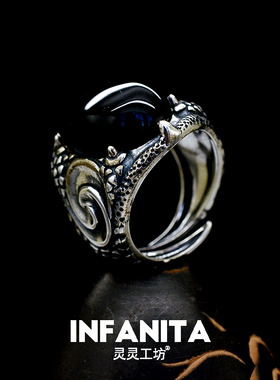 新款夸张黑玛瑙戒指情侣炫舞龙爪 开口奢华复古天然宝石指环R63