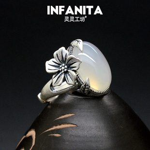 雪胎梅骨天然白玉髓戒指女原创足银990玉石小众设计复古指环R33