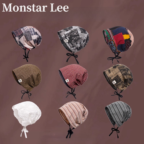 Monstar Lee复古做旧格纹头巾帽女夏时尚废土风包头冷帽堆堆帽子
