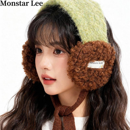 MonstarLee拼色毛绒耳罩女冬季保骑行护耳系带耳包耳捂子系带东北