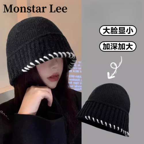 Monstar Lee大头围针织帽子渔夫帽女冬高级感毛线水桶帽大码65cm